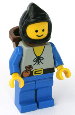 Lego Castle Peasant - Blue Legs, Black Hood, D-Basket