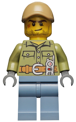 Lego City Volcano Explorer - Male, Shirt with Belt and Radio, Dark Tan Cap with Hole, Crooked Smile and Scar