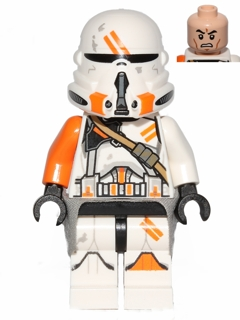 Lego Star Wars Clone Airborne Trooper, 212th Attack Battalion (Phase 2) - Orange Arm, Dirt Stains, Light Bluish Gray Cloth Kama, Scowl