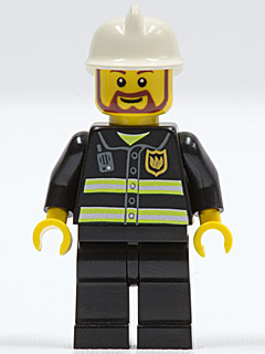 Lego City Firefighter - Reflective Stripes, Black Legs, White Fire Helmet, Brown Beard Rounded